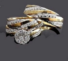 3 Ct Trio Natural Moissanite Wedding Engagement Ring Set 14K Yellow Gold Plated - £137.92 GBP
