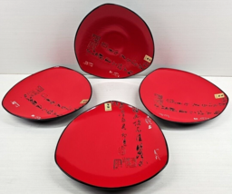 (4) Kafuh Black Characters Red Triangular Salad Plates Set Japan Dishes KFH7 Lot - $145.40