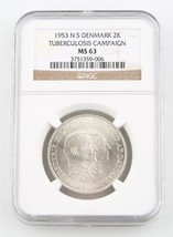 1953-H NS Danemark 2 Kroner Pièce Argent MS-63 NGC Greenland Tuberculose... - $217.22 CAD