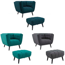 Mid-Century Lounge Arm Chair &amp; Ottoman Tufted Fabric Ottoman Gray, Teal, Blue - £203.74 GBP+