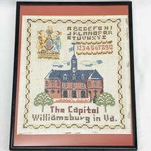 Vintage Needlepoint Sampler Williamsburg Virginia Capital Embroidery Framed - $47.50