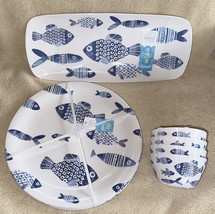 Sigrid Olsen Blue School of Fish Melamine Snack Bowls Dinner Plates Serv... - $69.99