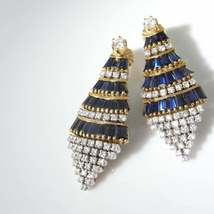 Art Deco Blue Sapphire Diamond Earrings Drop Dangle 6.25Ct 14k Yellow Gold Over - £109.98 GBP