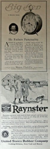 Big Ben Clock / Raynster Coats, ads 1917 B&W Illustration, 5 1/2" x 15" Print... - $17.89