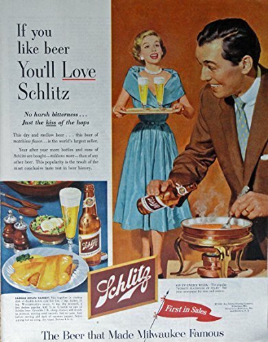 Schlitz Beer, 50's Print ad. Full Page Color Illustration (woman with tray of... - $17.89