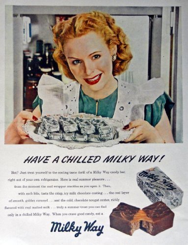 Primary image for Milky Way Candy Bars, 40's Print Ad. Color Illustration (woman with tray of m...