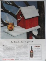 Four Roses Whiskey, 40&#39;s Print Ad. Color Illustration (birdhouse in snow,drin... - £14.29 GBP