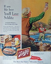 Schlitz Beer, 50&#39;s Print ad. Full Page Color Illustration (man and woman fish... - £14.03 GBP