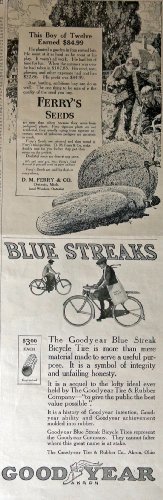 Primary image for Ferry's seeds/Good Year, Bicycle Tires, 1917 ad. B&W Illustration, 5 1/2" x 1...