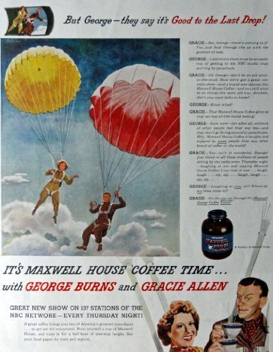 George and Gracie Allen, parachuting, 40's Print Ad. Color Illustration 10 1/... - $17.89