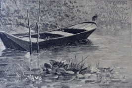 Kingfisher, lily pads, boat, pond, 1800&#39;s B&amp;W Illustration, engraved print ar... - £8.63 GBP