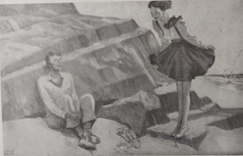 Clark Ray, 30&#39;s B&amp;W Illustration, Print art (beautiful girl by ocean-&quot;are you... - £14.09 GBP