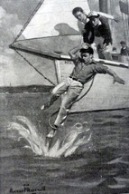 Norman Rockwell,1916 B&W Illustration 4" x 6" Print art (sail boat, man falli... - $17.89