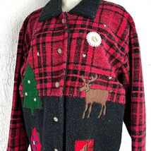 Talbots Fleece Applique Jacket Women&#39;s XL Red Black Reindeer Christmas T... - €28,51 EUR