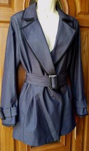 Womens ELLE Solid Trench Coat Navy-Dress Denim-Black Trim-$98 Textured B... - $59.37