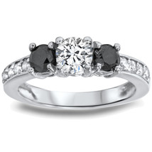 1 Carat Treated Black &amp; White Diamond 3 Stone Ring 14K White Gold - £385.97 GBP