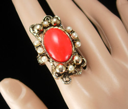 Vintage Coral pearl Ring Statement Costume jewelry SIZE 5 to 6 adjustable - £43.28 GBP