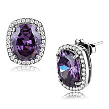 High Polish Stainless Steel Purple CZ Halo Style Earrings - $249.44 MXN