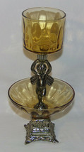 Vintage Brass &amp; Amber Glass Cherub Compote Votive Candle Holder Two Tier Bowl - £27.93 GBP