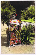 Postcard Young Lady Floral Dress &amp; Basket Palm Trees - $6.88