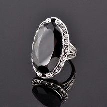 SINLEERY Vintage Big Black Oval Stone Rings For Women Size 6 7 8 9 10 Antique Go - £8.20 GBP