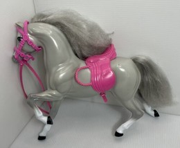 Vintage Gray Silver Barbie Horse With Hot Pink Rein &amp; Saddle 11 By 15” - £11.02 GBP