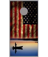 Aged American Flag Boat on lake Fishing Corn hole Board Decal Wraps - $19.99+