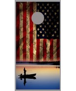 Aged American Flag Boat on lake Fishing Corn hole Board Decal Wraps - £15.72 GBP+