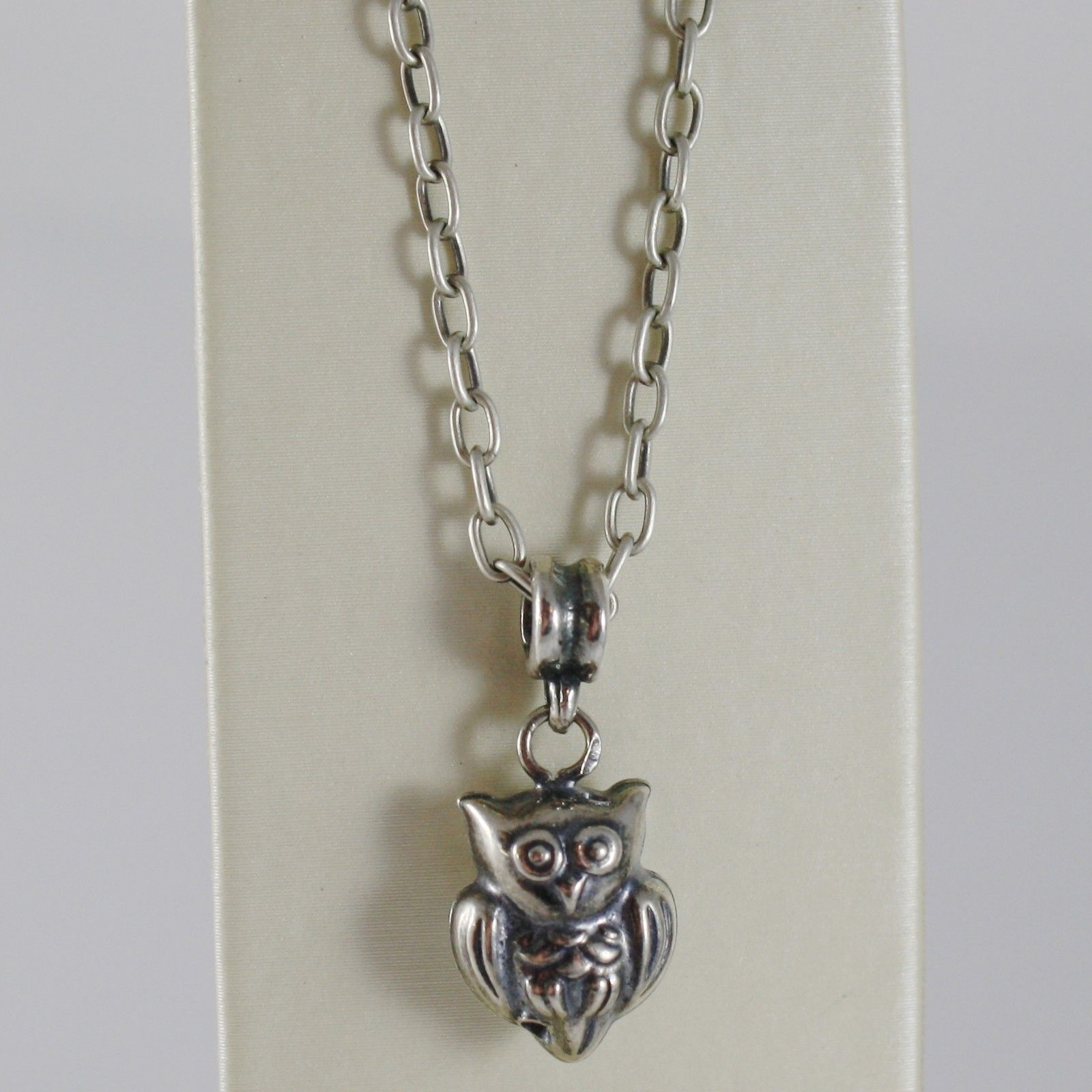 925 BURNISHED SILVER NECKLACE OWL BIRD PENDANT WITH OVAL CHAIN MADE IN ITALY - £55.38 GBP