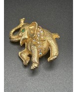 Vintage Gold Tone Happy Elephant Trunk Up Green Rhinestone Eye Pin Brooch - £18.69 GBP