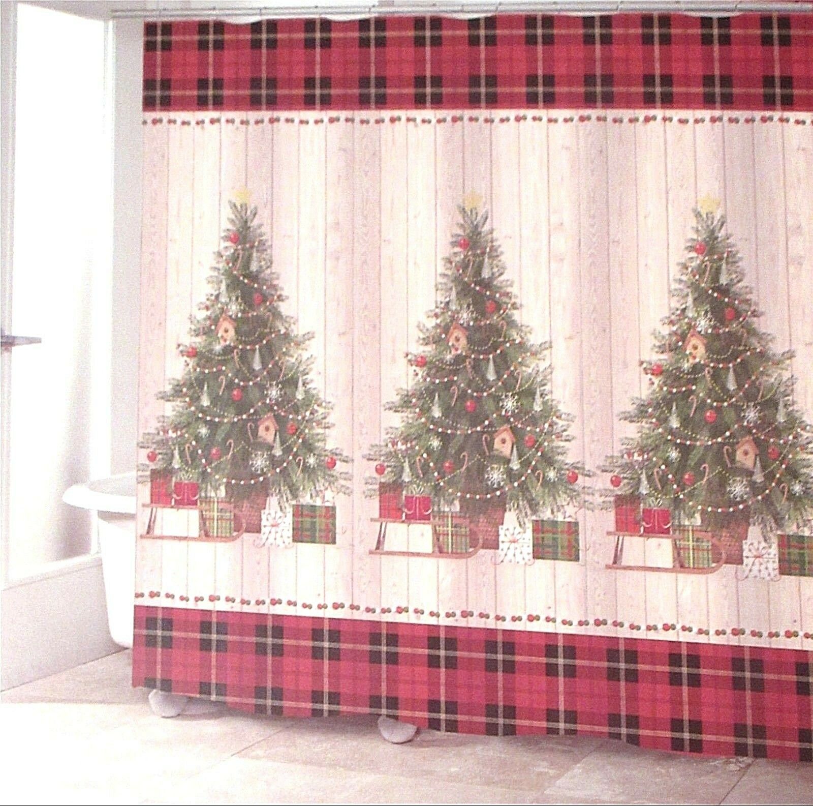 Avanti Linens CHRISTMAS TREE Country Primitive Plaid Shiplap Shower Curtain New - $26.00