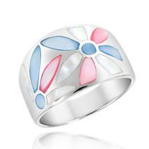 Sweet Floral Multicolor Mother of Pearl Shell Wide Sterling Silver Band Ring-10 - £27.28 GBP