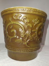 HAEGER Pottery Green Brown Glazed Flower Pot NO. 1 USA Scroll Work &amp; Flo... - £16.38 GBP