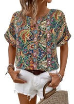 Elegant Bohemian Multi- Color Short-Sleeve V-Neck Women Top Blouse (XL) NEW - $364.70 MXN
