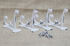 4 WHITE RUSTIC COAT HOOKS ANTIQUE STYLE CAST IRON 4.5&quot; WALL DOUBLE RESTO... - £15.70 GBP