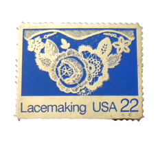Lacemaking Blue Enamel &amp; Silver Tone Twenty-Two Cent Postal Stamp Lapel ... - $12.82