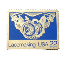 Lacemaking Blue Enamel &amp; Silver Tone Twenty-Two Cent Postal Stamp Lapel ... - £10.22 GBP