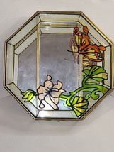Vintage Stained Glass Jewelry Box w/Butterfly &amp; Mirrored Bottom - Trinket Box - £22.32 GBP