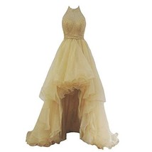 Sheer Beaded Halter High Low Organza Formal Gown Homecoming Prom Dress Beige 16 - $125.72