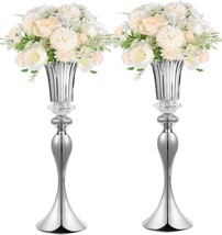 Set Of 2 Flower Centerpiece Table Decorations In Gold Trumpet Vases With Crystal - $52.97