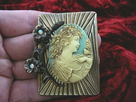 (CL17-15) Lacy LADY woman BIRD blue + ivory CAMEO scrolled Pin Jewelry brooch - £28.66 GBP