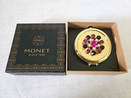 Monet Rhinestone Jeweled Compact Mirror Gold Color In Box Dark Pink Purple - £13.83 GBP