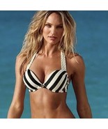 Victorias Secret Bikini Top 34C Bombshell Black Cream Striped Halter Add... - £43.89 GBP