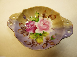 Vintage Lefton Hand Painted China Roses purple Gold trim bowl dish w handles - £25.18 GBP