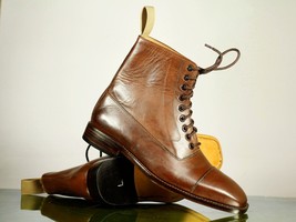 Stylish Handmade Men&#39;s Brown Cap Toe Leather Ankle Boots, Men Designer Lace Up B - £127.88 GBP+