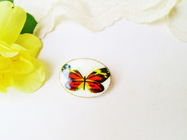 Porcelain Enamel Butterfly Brooch Vintage Pin Gold Metal West Germany Signed Red - £16.52 GBP