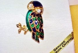 Green &amp; Blue Owl Genuine Austrian Crystal Eyes Brooch New Vintage Enamel... - $28.00