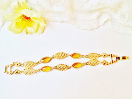 Gold &amp; Amber Glass Bracelet Vintage New Metal Honeycomb Links Chain Amber Caboch - £15.81 GBP