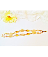 Gold &amp; Amber Glass Bracelet Vintage New Metal Honeycomb Links Chain Ambe... - £15.92 GBP