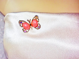 Coral Butterfly Brooch Vintage Goldtone AB Aurora Borealis Crystal Rhine... - $20.00